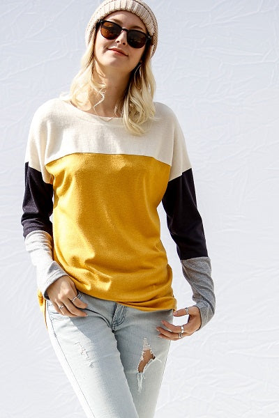 Cashmere Hacci Color Block Shirt with Boat Neck