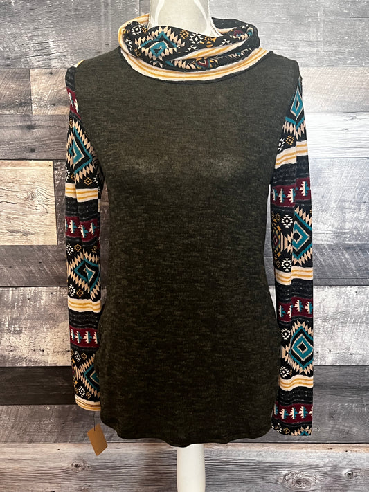 Olive Green Light Sweater with Aztec Sleeves